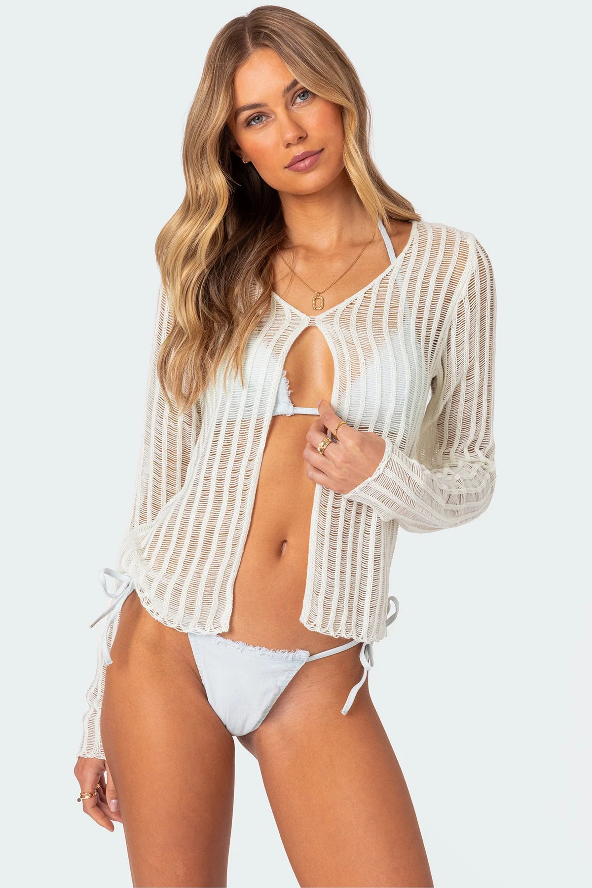 Cream Sheer Knit Top Womens Long Sleeve Lightweight Sweater
