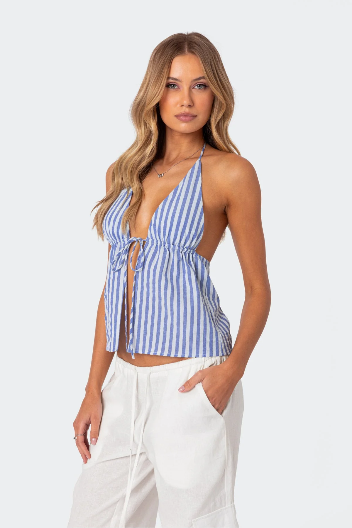 Striped Cotton Tie Front Halter Top in Blue and White