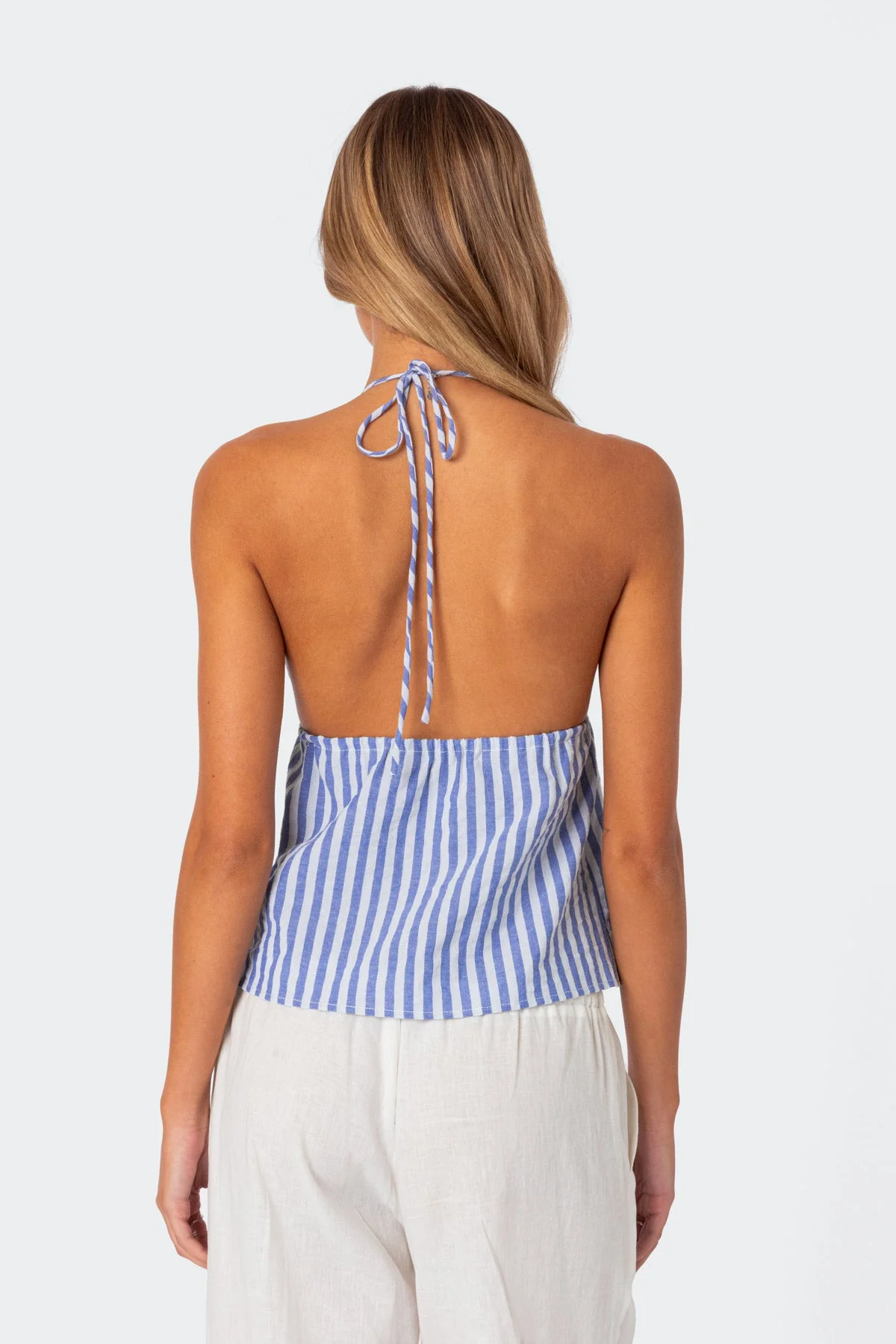 Striped Cotton Tie Front Halter Top in Blue and White