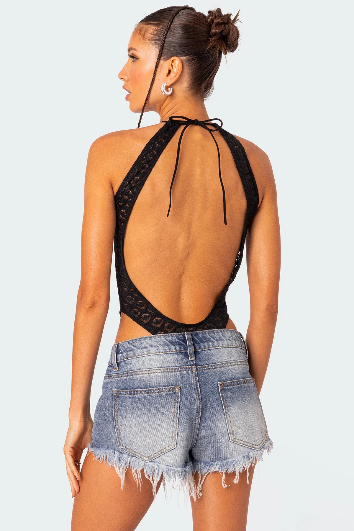 Black Sheer Lace Open Back Bodysuit