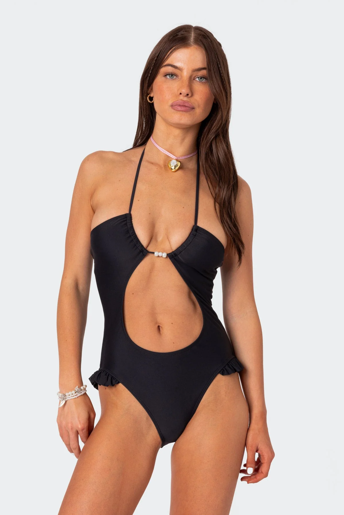 Black Cut-Out Halter One Piece Swimsuit for Women