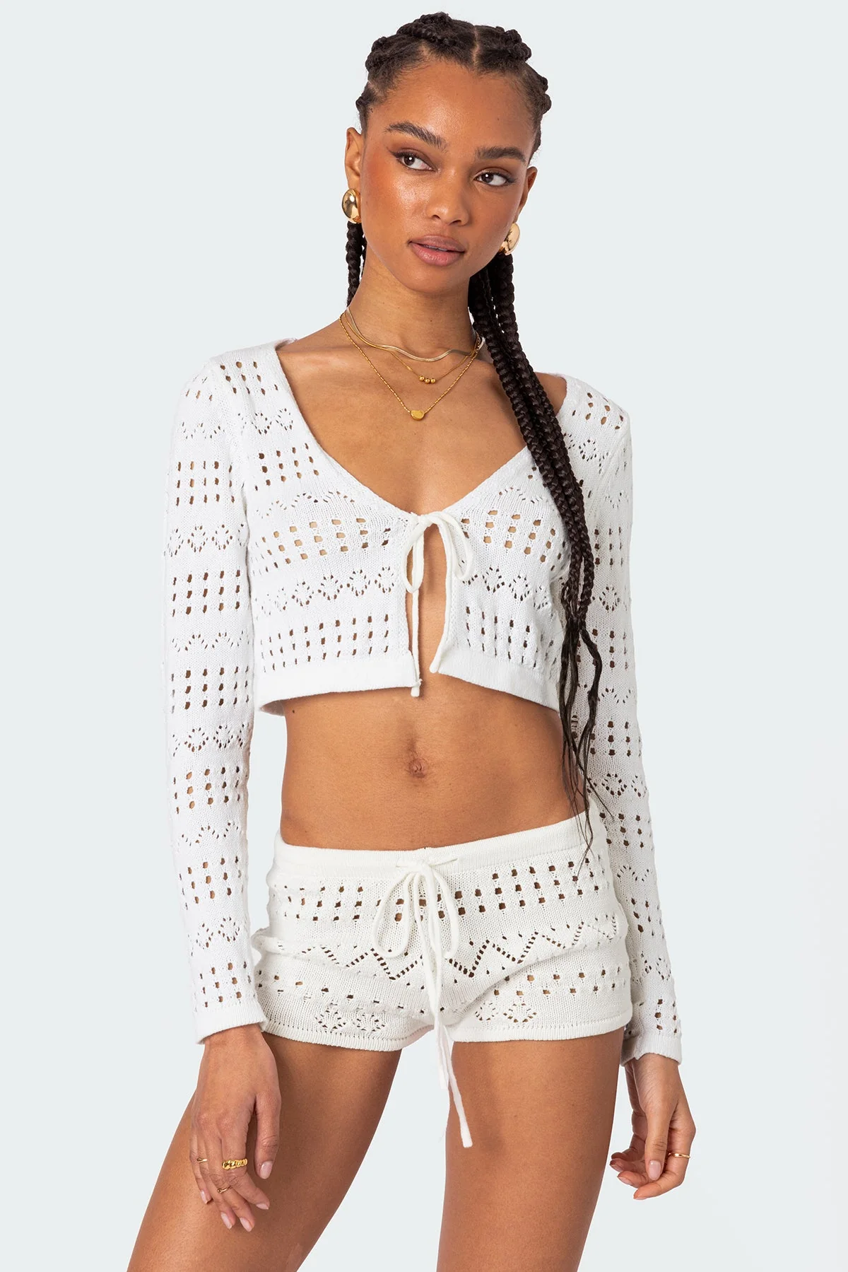 White Knit Tie Front Top for Women