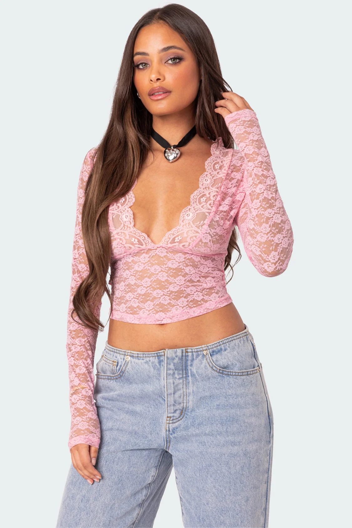 Sheer Lace Plunge Neck Top in Pink - Elegant Style for Chic Looks