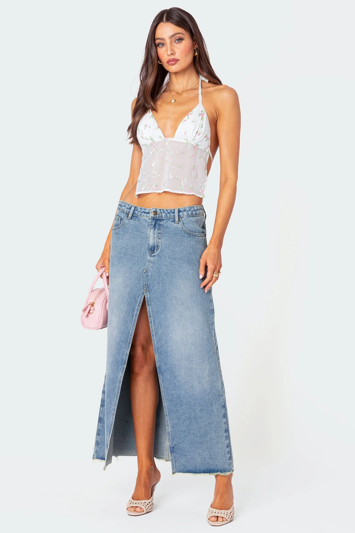 White Embroidered Halter Top with Open Back