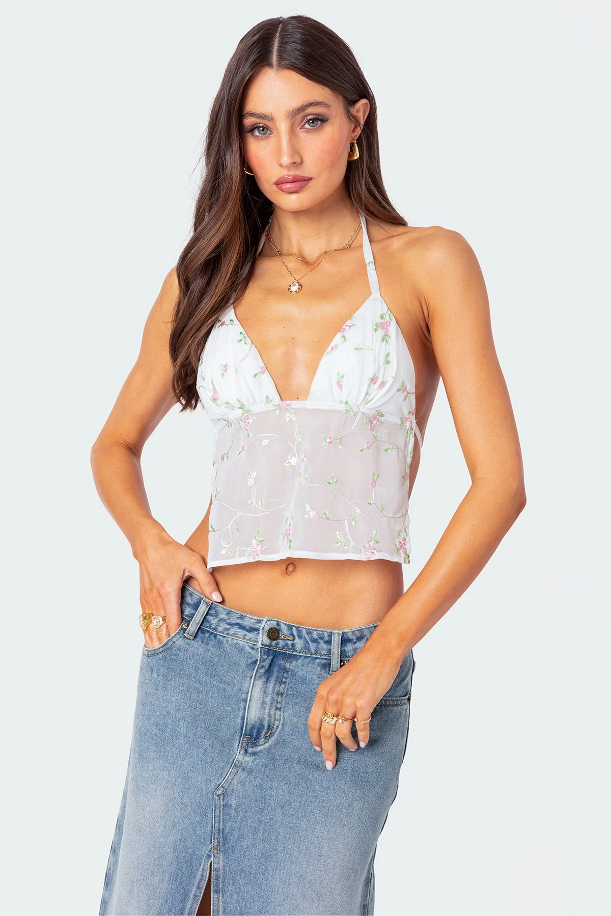 White Embroidered Halter Top with Open Back
