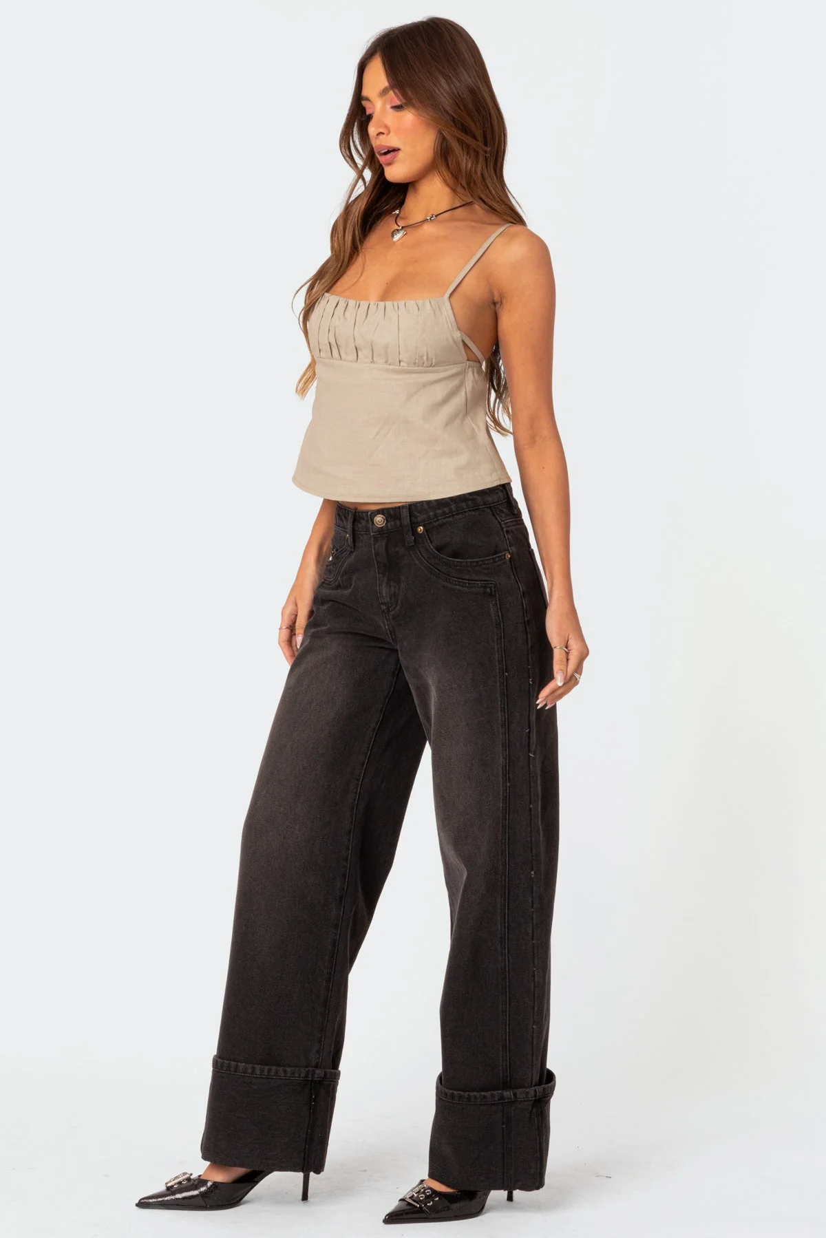 Black Cuffed Low Rise Denim Jeans