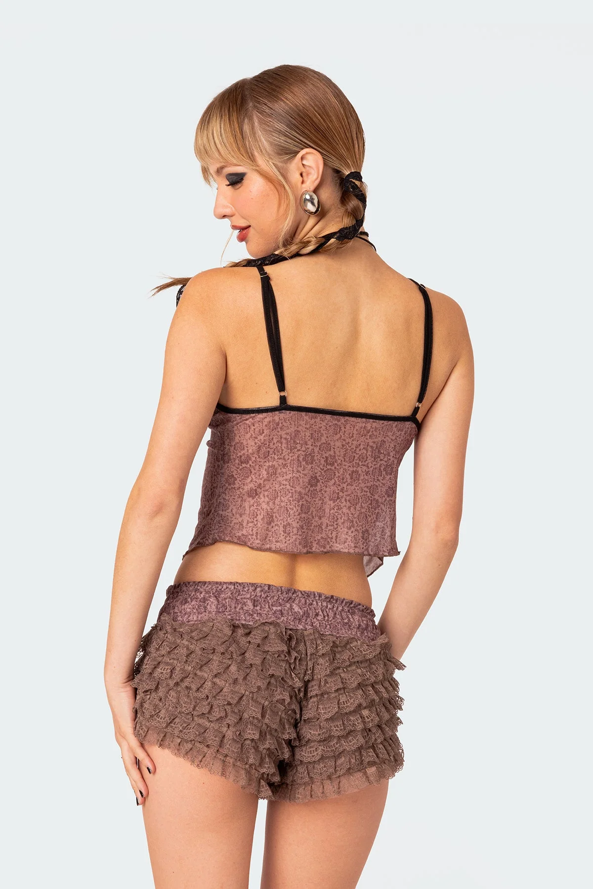 Floral Ruffled Tank Top - Adjustable Straps, Tie Front, Polyester Spandex