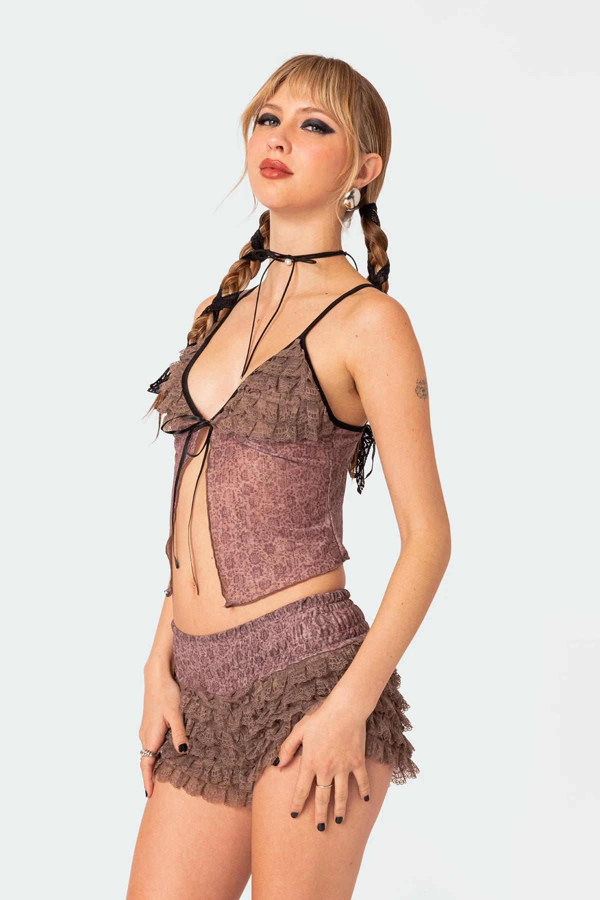 Floral Ruffled Tank Top - Adjustable Straps, Tie Front, Polyester Spandex