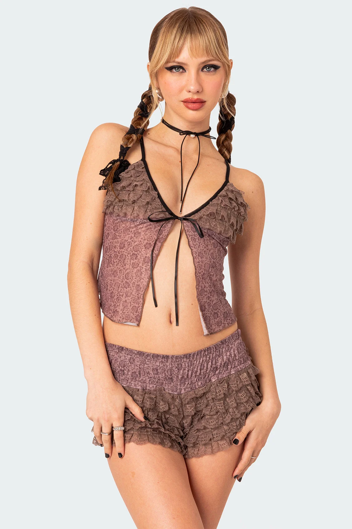 Floral Ruffled Tank Top - Adjustable Straps, Tie Front, Polyester Spandex