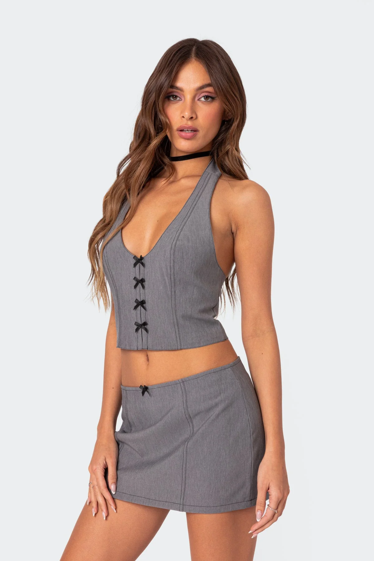 Gray Halter Neck Bow Crop Top
