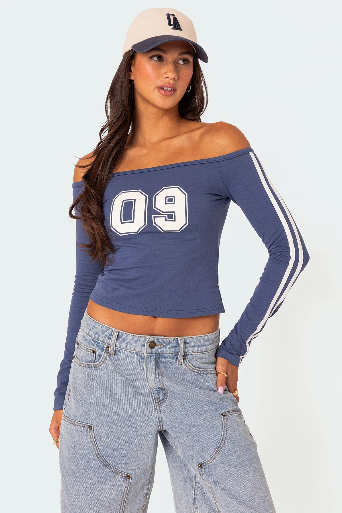 Off Shoulder Long Sleeve Blue T-Shirt