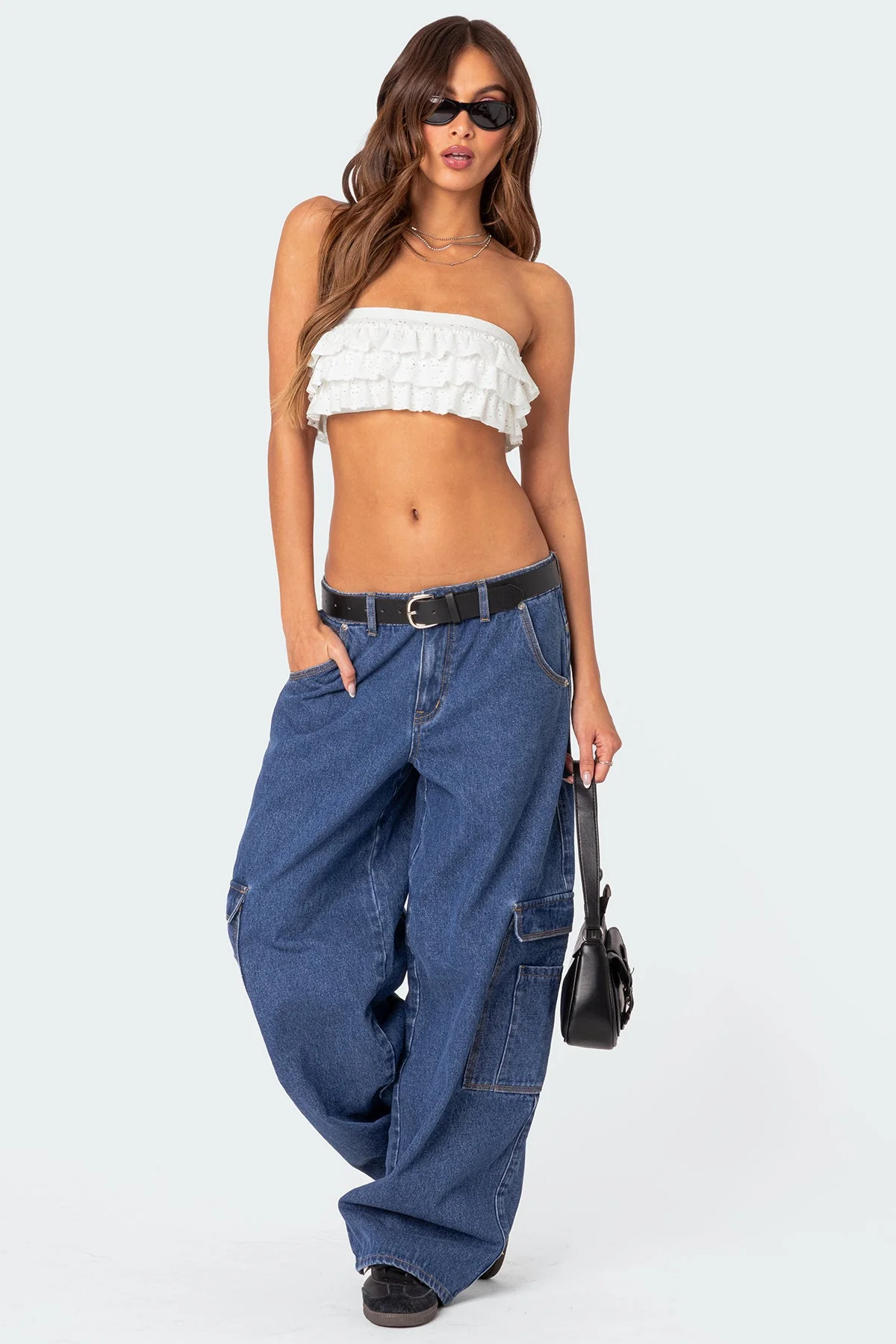Blue Washed Oversized Denim Jeans with Faux Leather Belt