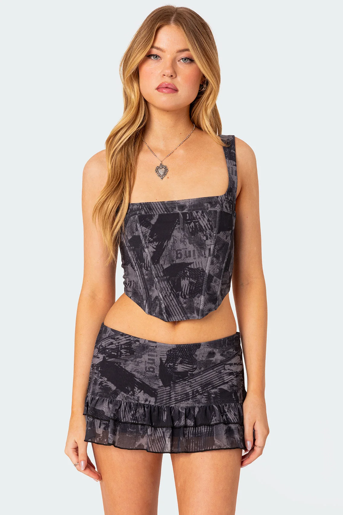 Gray Lace Up Printed Corset Top
