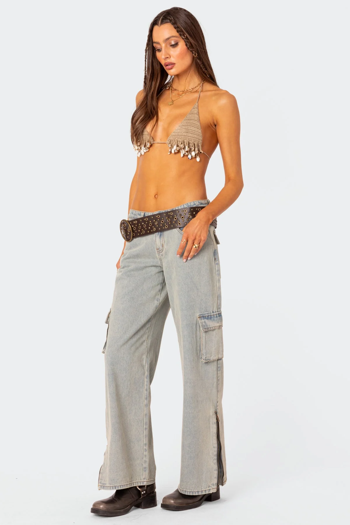 Crochet Beaded Bra Top Beige Tie Back Closure