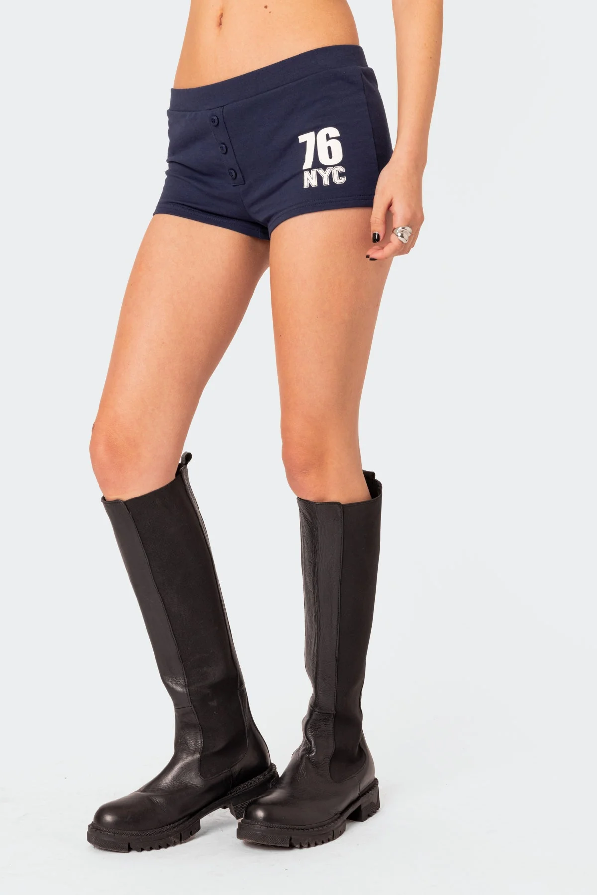 Navy Graphic Micro Shorts Set Button Front Detail - Womens Fashion