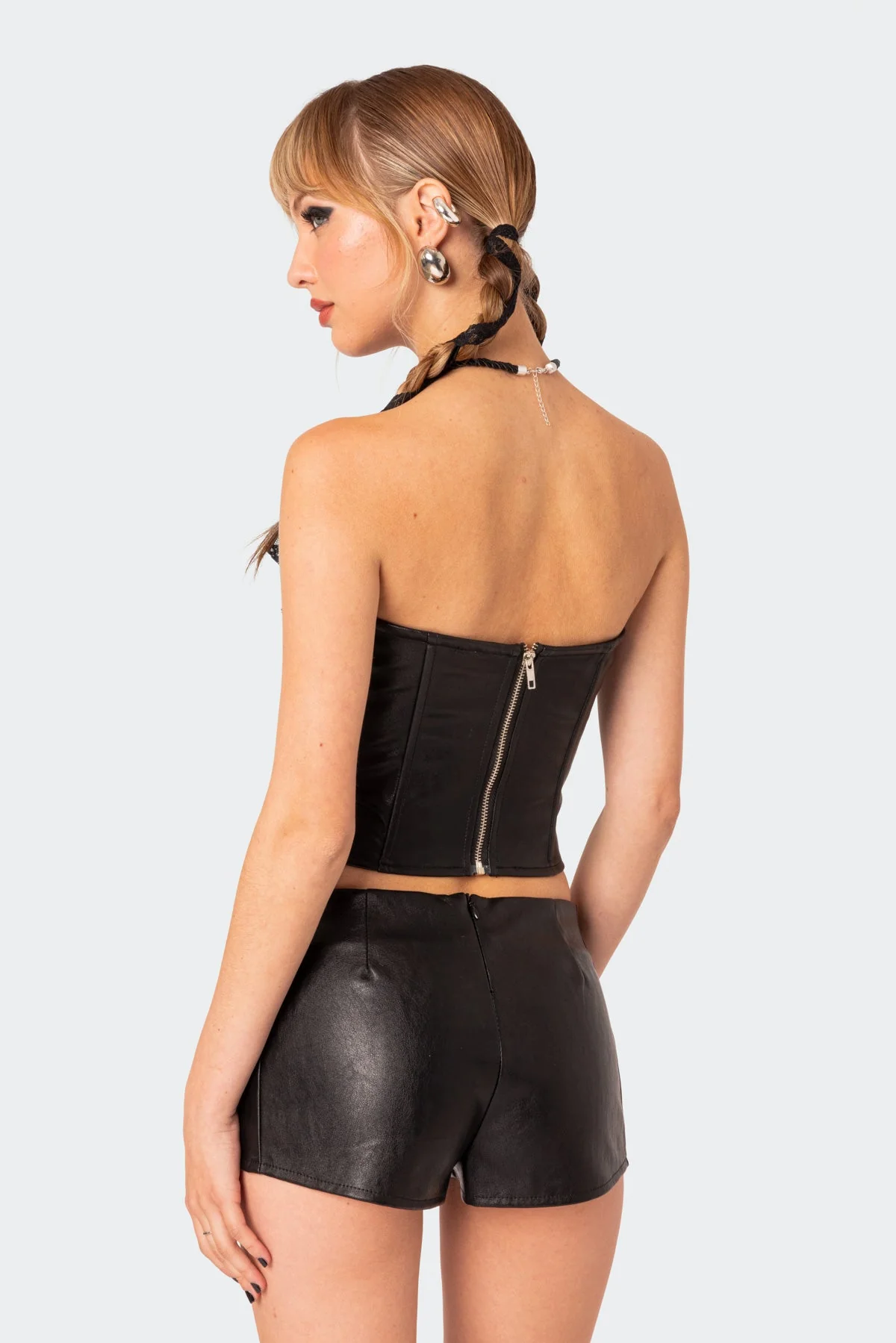 Strapless Faux Leather Lace-Up Corset Top Black