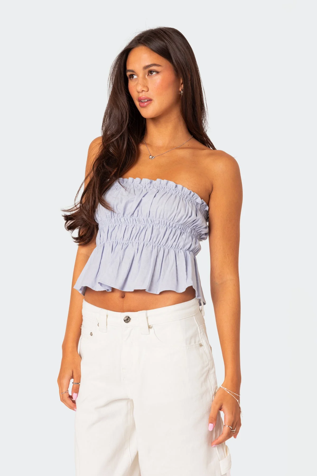 Light Blue Linen Look Strapless Top