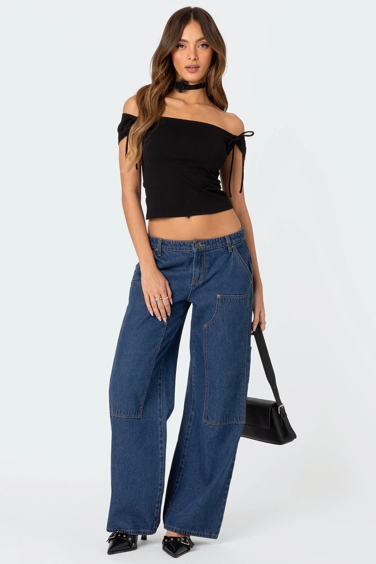 Jess Black Off Shoulder Top Womens Loose Fit Style