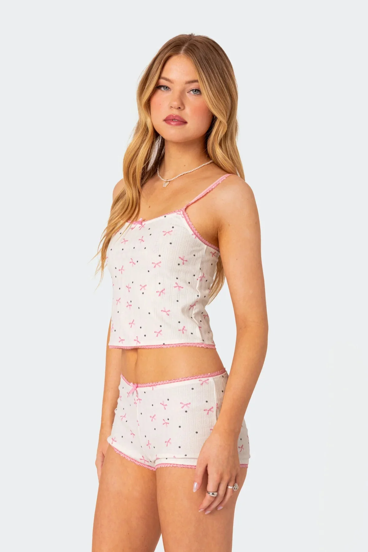 White Pointelle Bow Print Tank Top