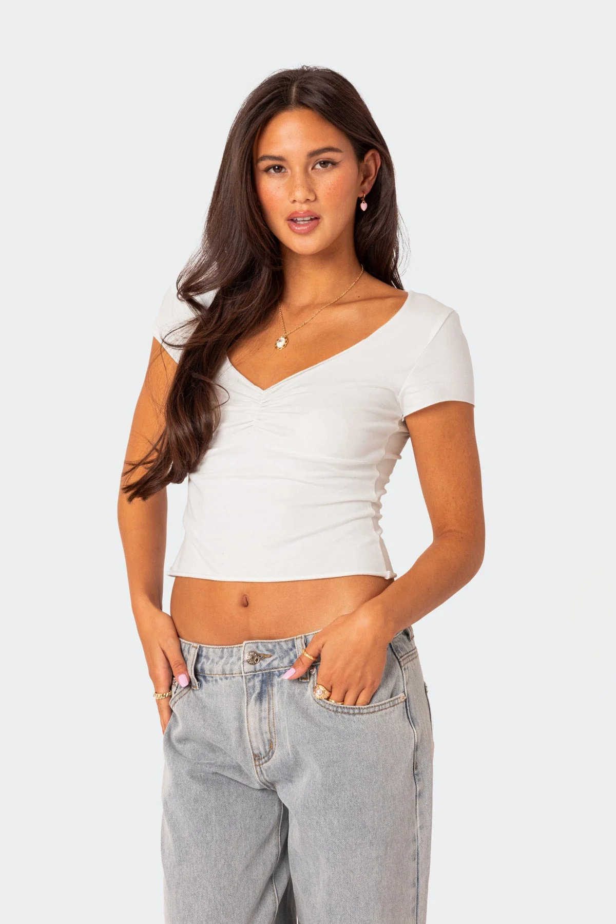 White Ruched V-Neck Cotton Spandex Top