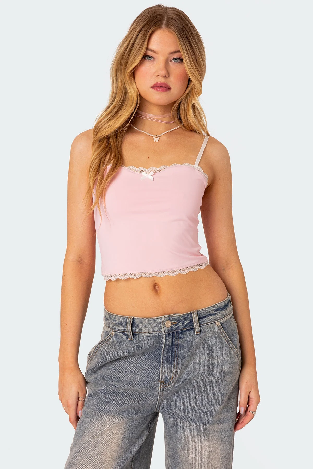 Pink Lace Trim Tank Top for Women