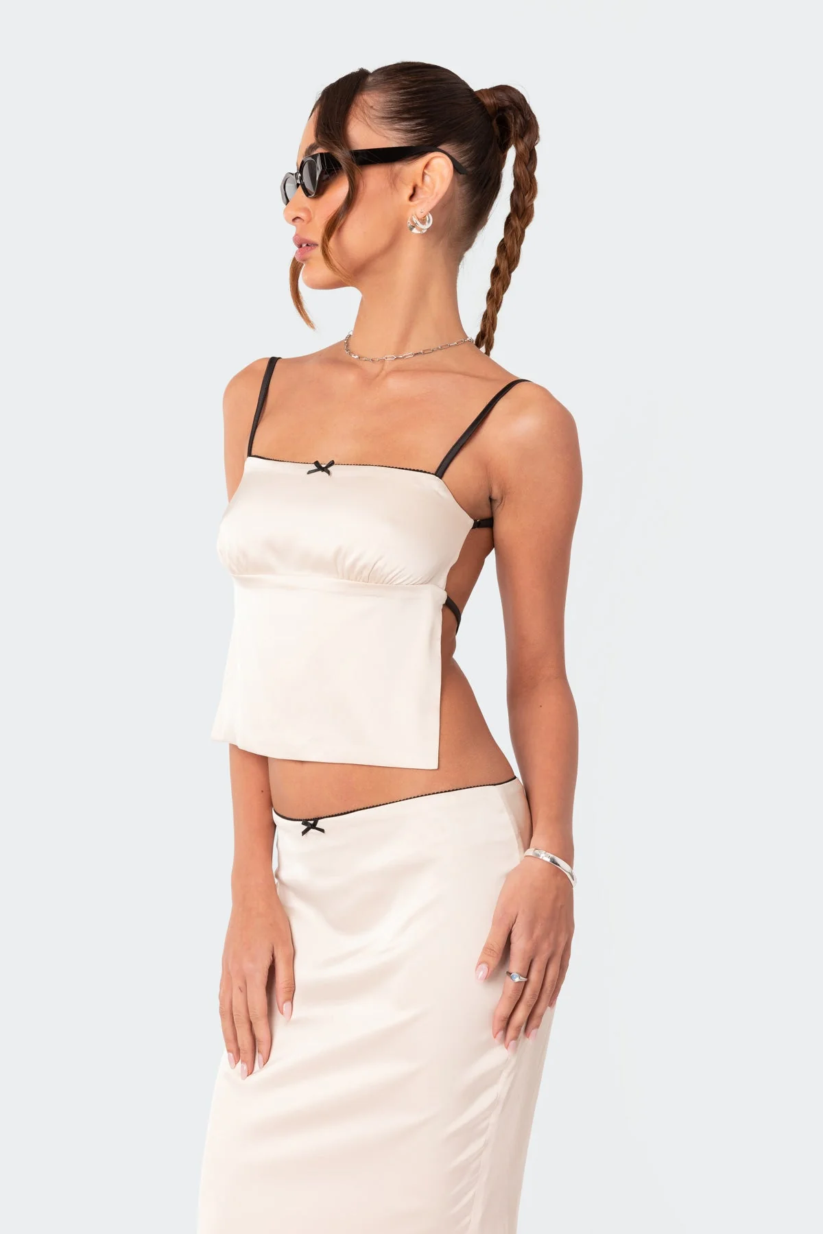 Beige Satin Back Tie Crop Top