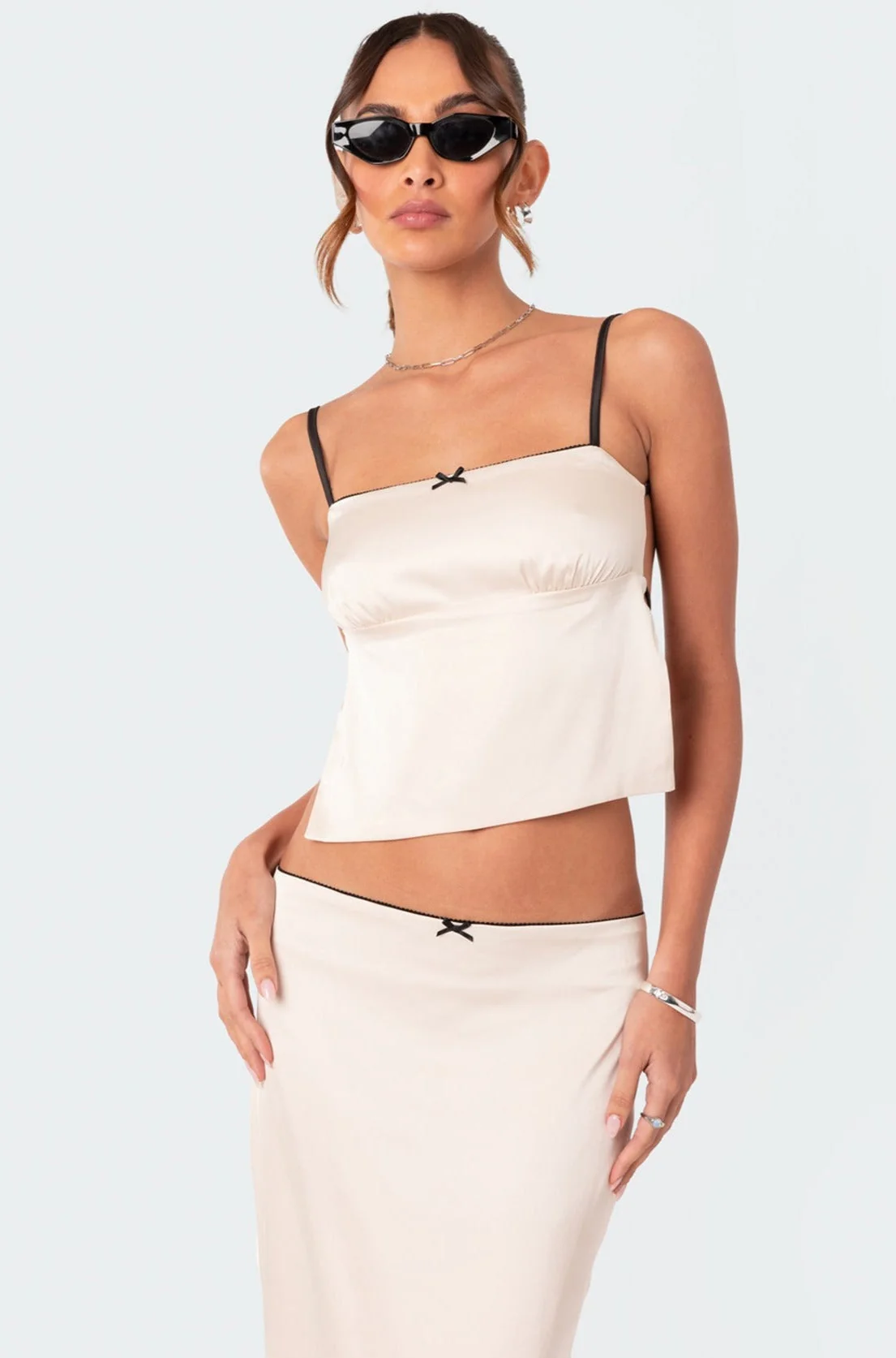 Beige Satin Back Tie Crop Top