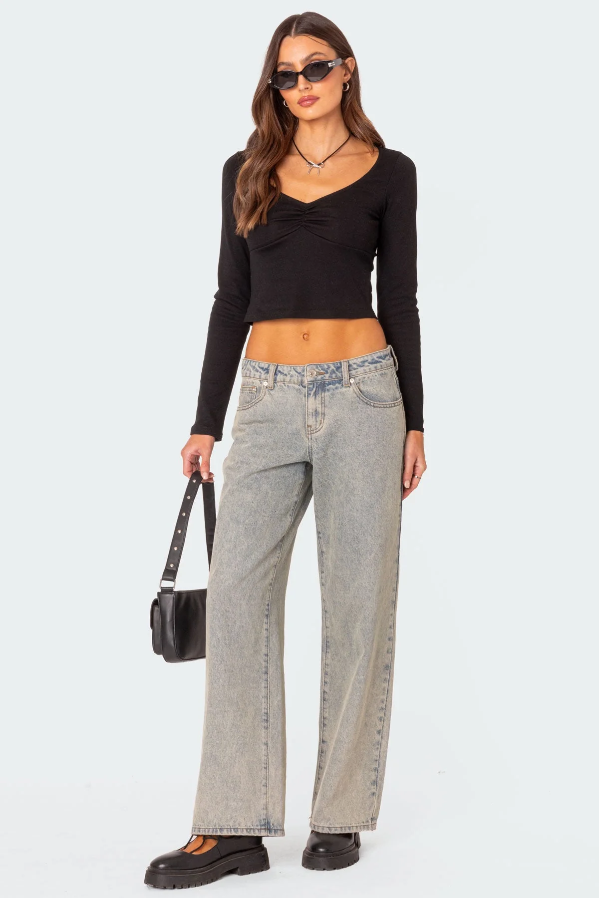 Womens Black Ruched V-Neck Long Sleeve Top