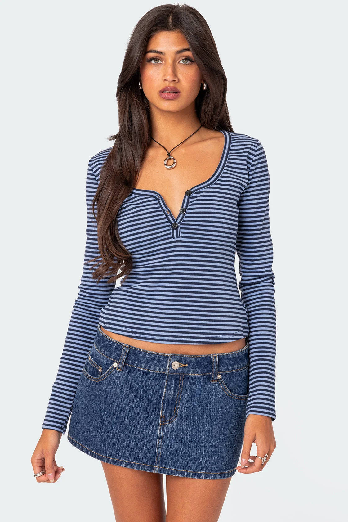 Blue Striped Cotton Long Sleeve Top for Women