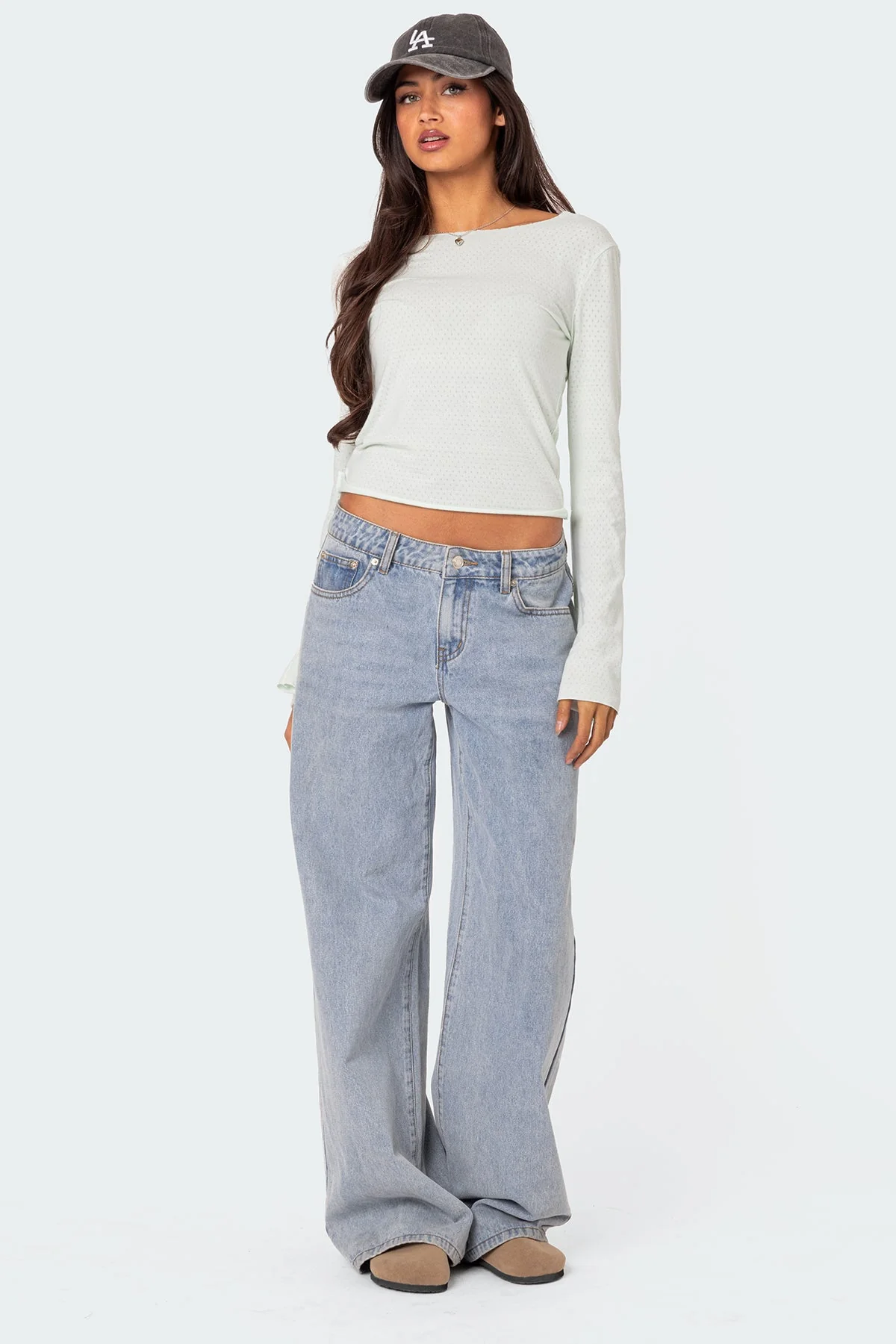 Light Blue Pointelle Long Sleeve Shirt - Womens Casual Top