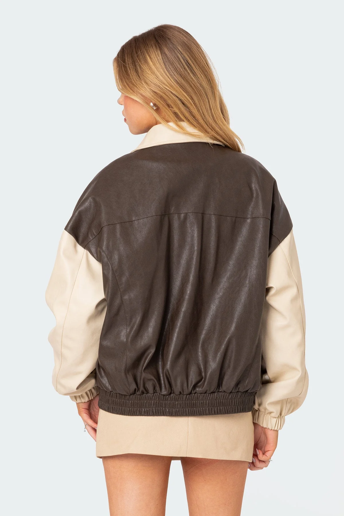 Brown Faux Leather Bomber Jacket for Trendy Outfits
