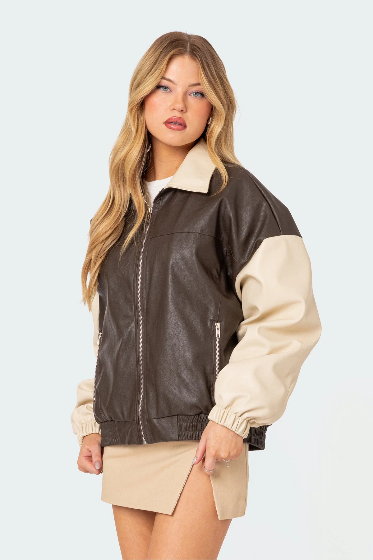 Brown Faux Leather Bomber Jacket for Trendy Outfits