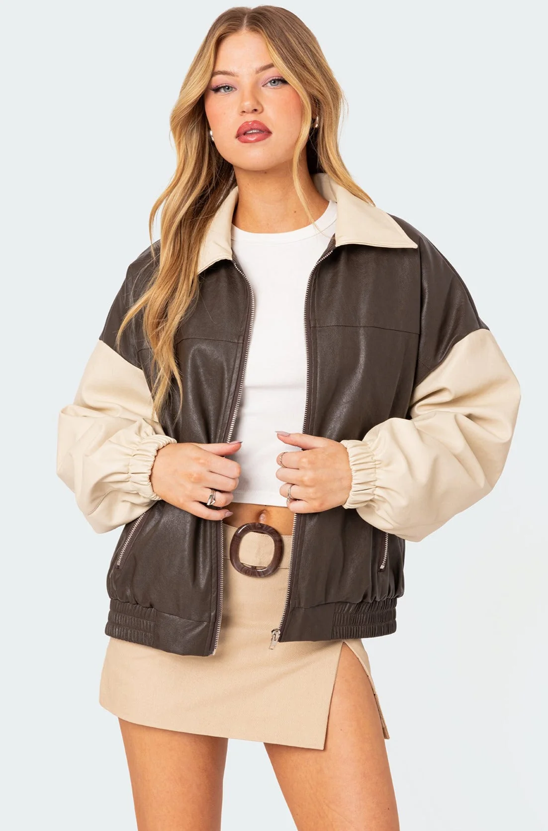 Brown Faux Leather Bomber Jacket for Trendy Outfits