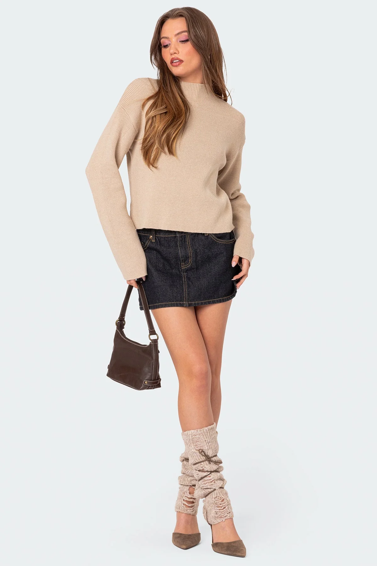 Beige Knitted Mock Neck Sweater Womens Long Sleeve Pullover