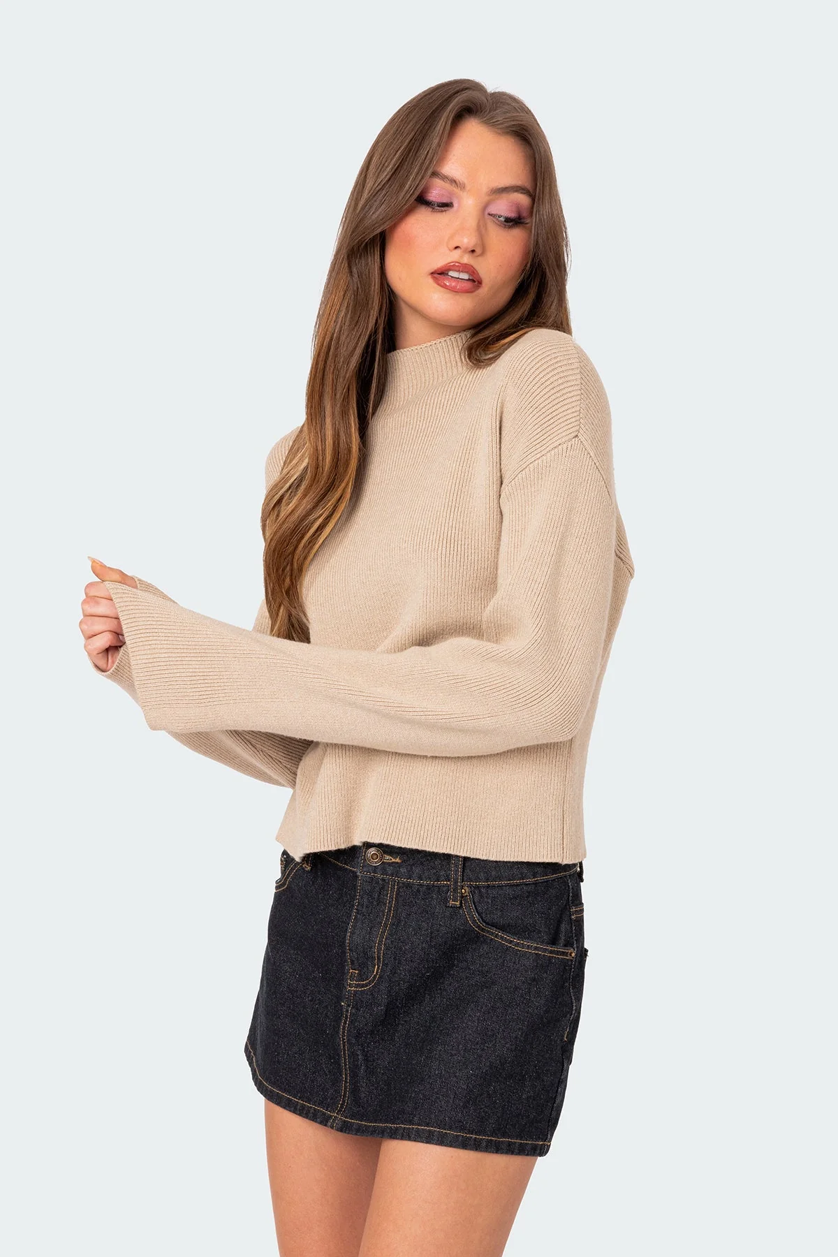 Beige Knitted Mock Neck Sweater Womens Long Sleeve Pullover