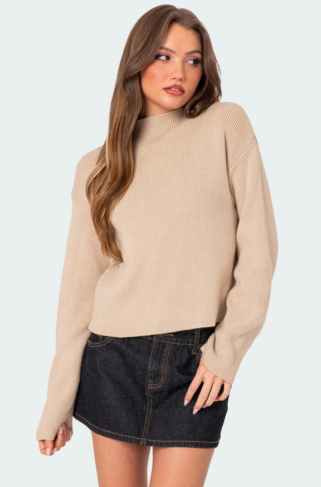 Beige Knitted Mock Neck Sweater Womens Long Sleeve Pullover
