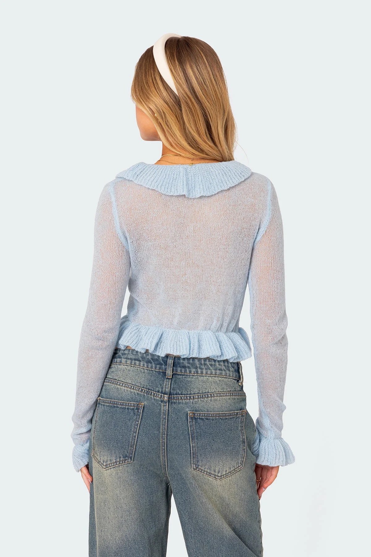 Blue Ruffled Knit Cardigan with Tie Front Closure