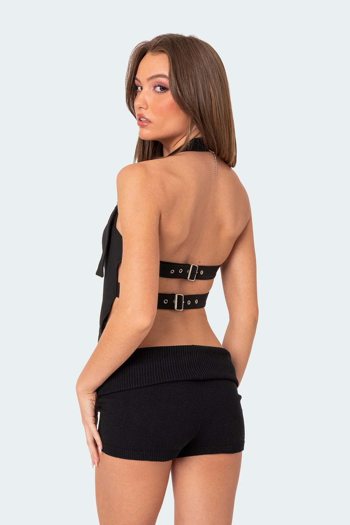 Black Halter Neck Buckle Strap Open Back Top
