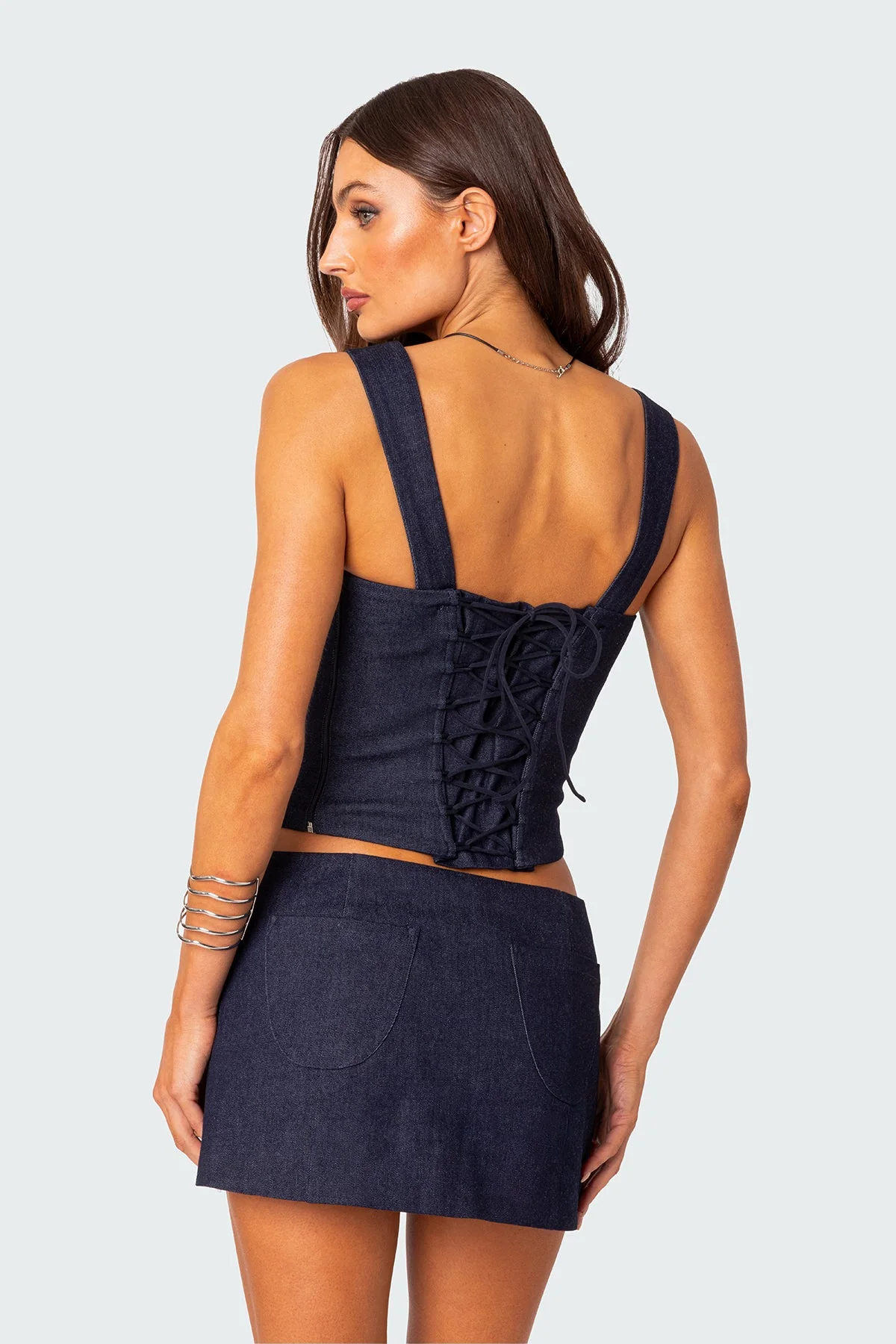 Denim Lace-Up Corset in Dark Blue | Womens Evening Wear