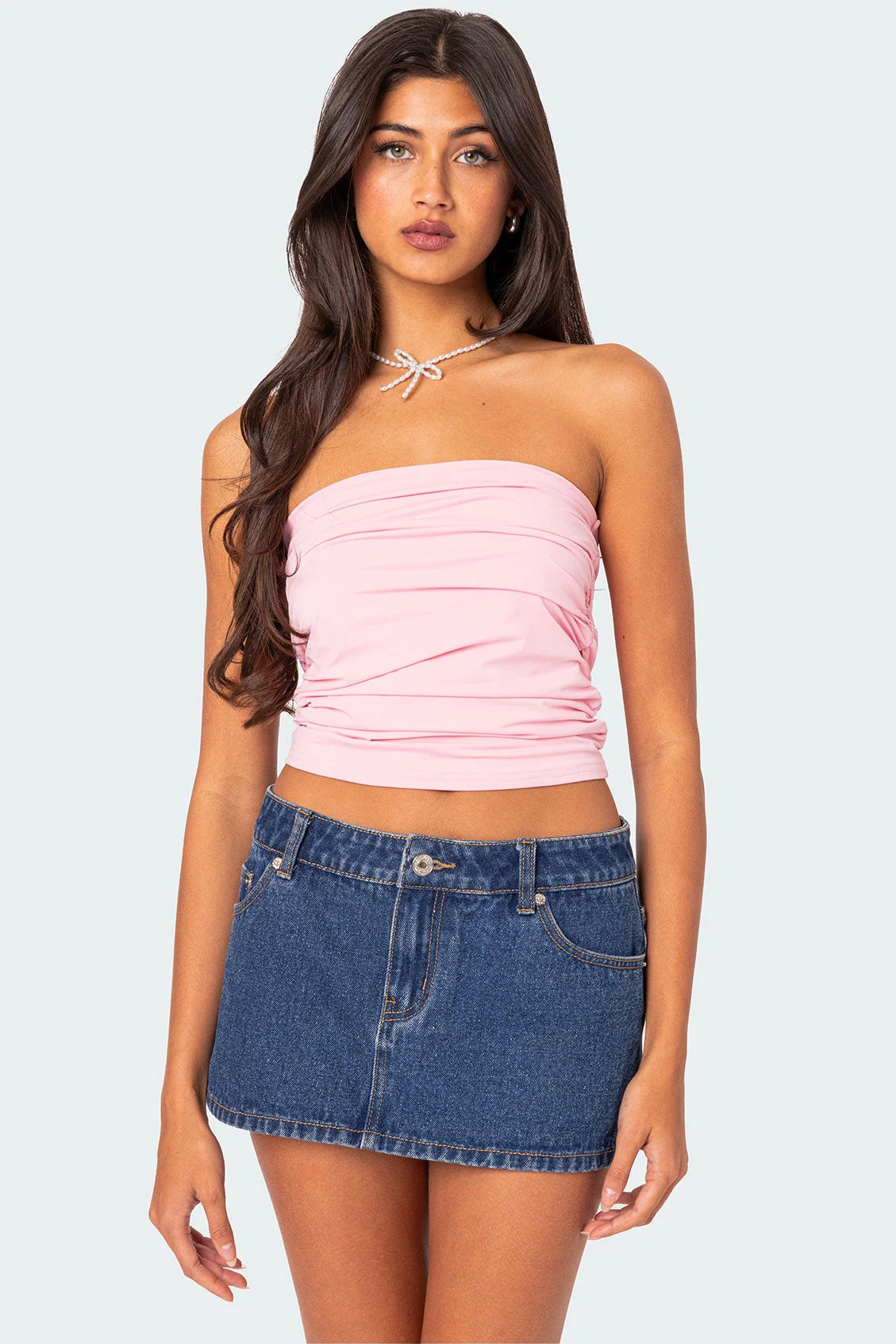 Pink Ruched Strapless Tube Top for Women