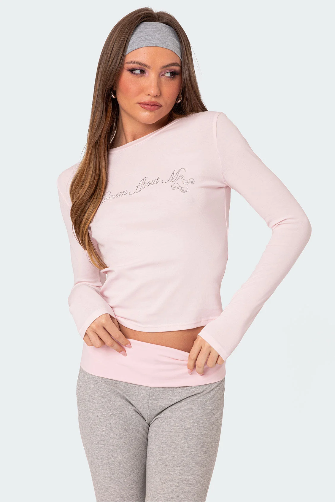 Pink Rhinestone Graphic Long Sleeve Loungewear Top