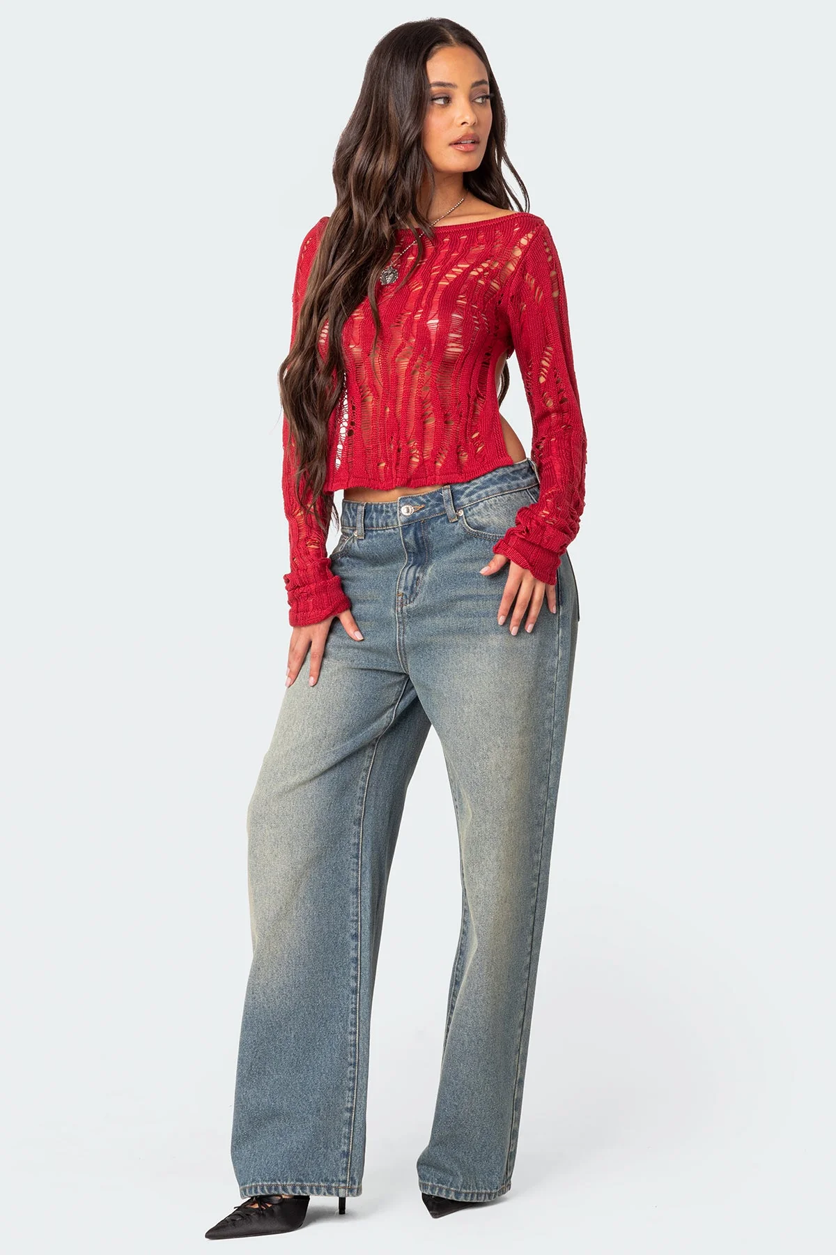 Red Sheer Knit Sweater with Open Back