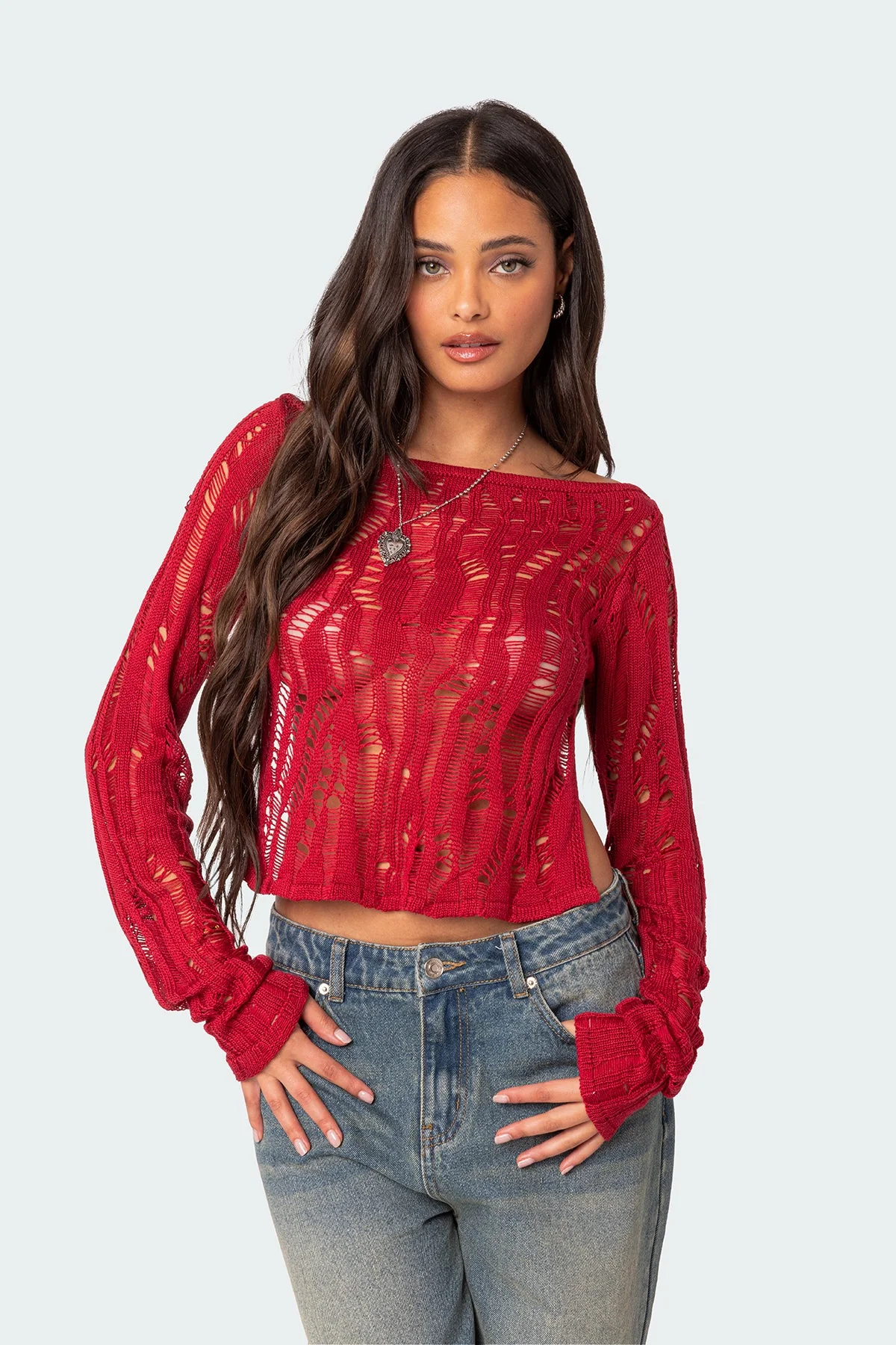 Red Sheer Knit Sweater with Open Back
