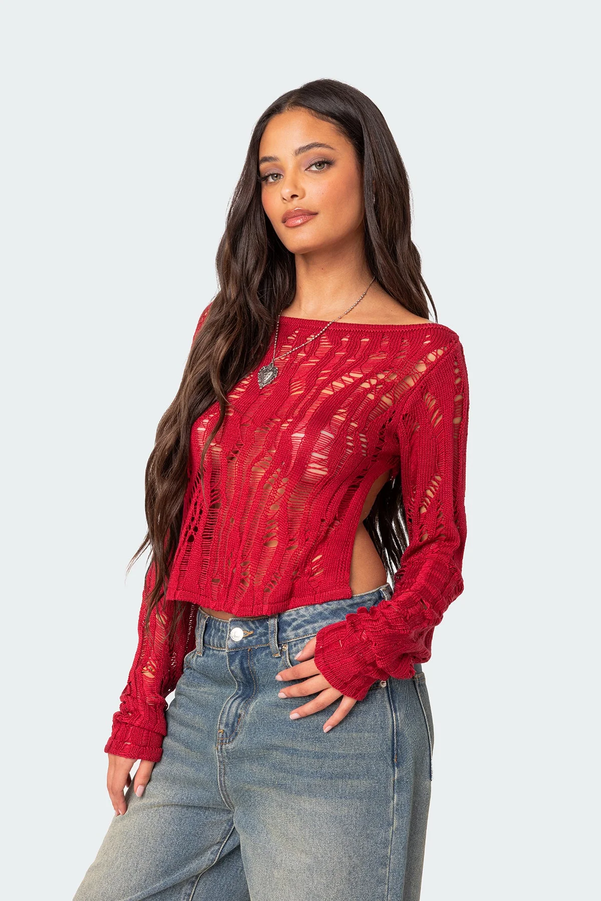 Red Sheer Knit Sweater with Open Back
