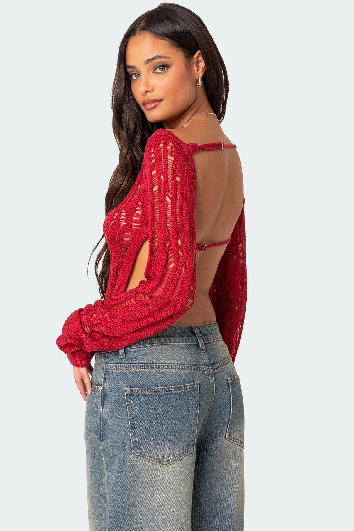 Red Sheer Knit Sweater with Open Back