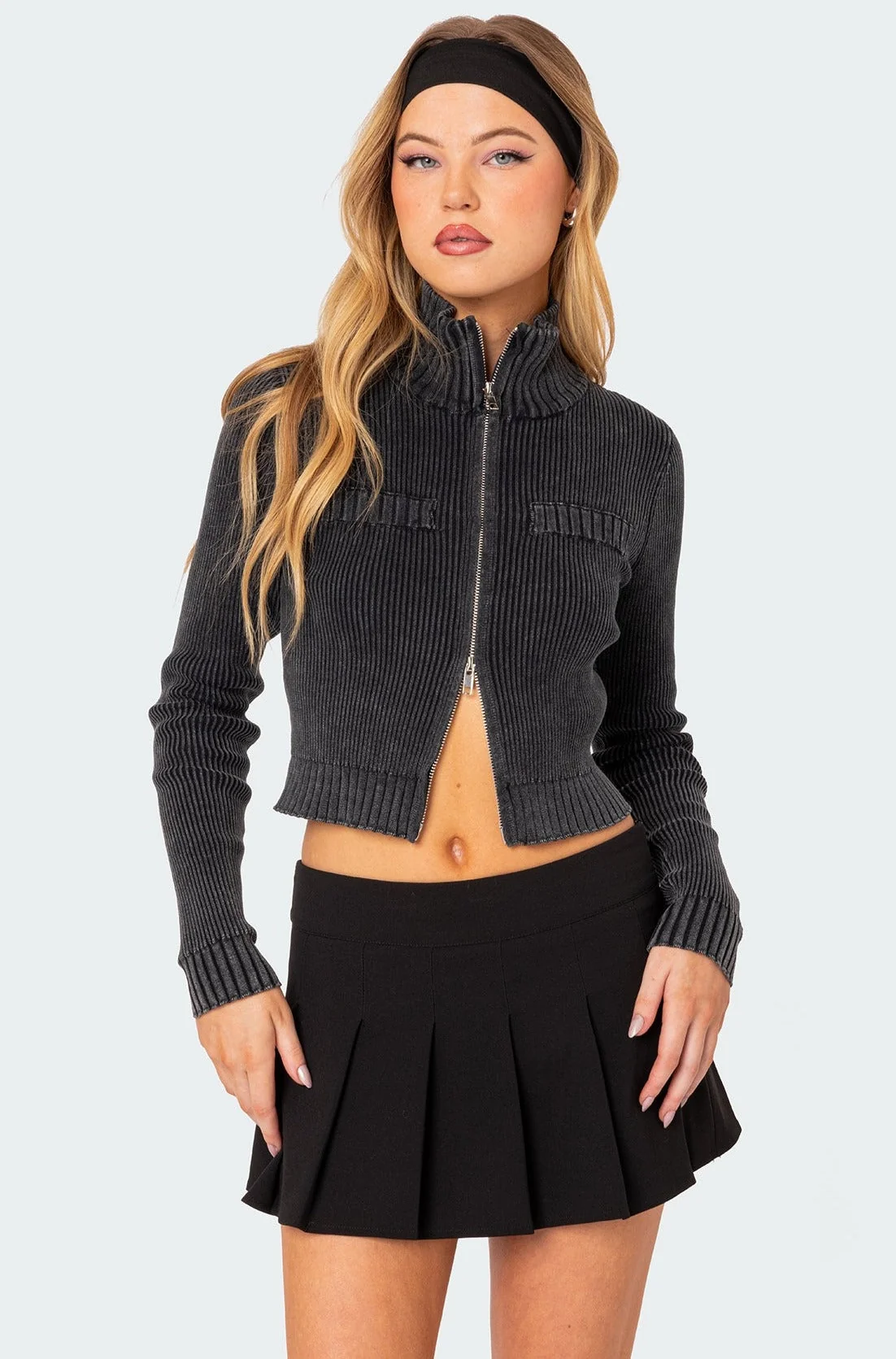 Zip Up Cotton Cardigan in Dark Gray