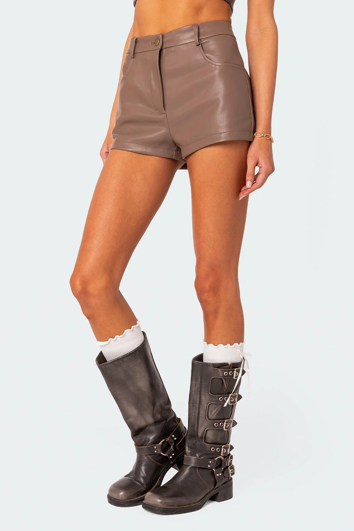 Brown Faux Leather High Rise Shorts Set