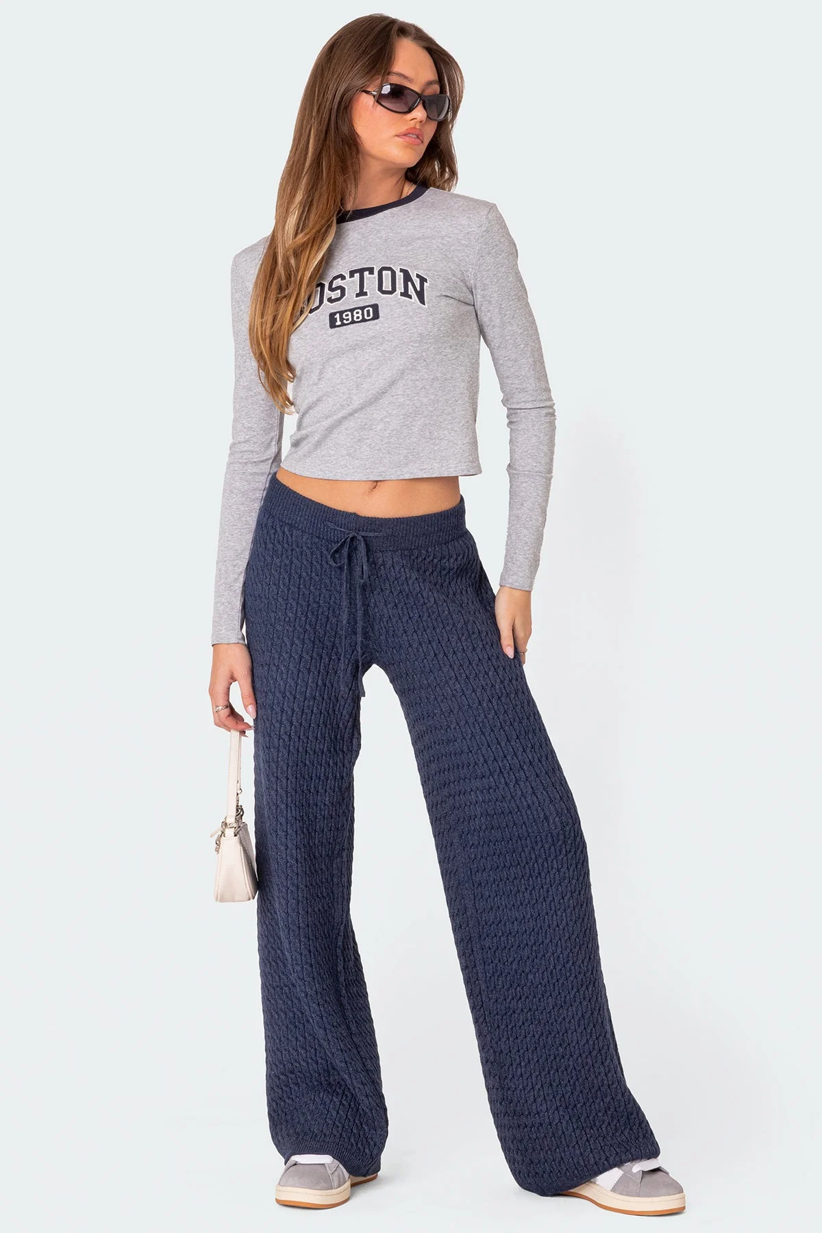 Navy Cable Knit Relaxed Pants for Women