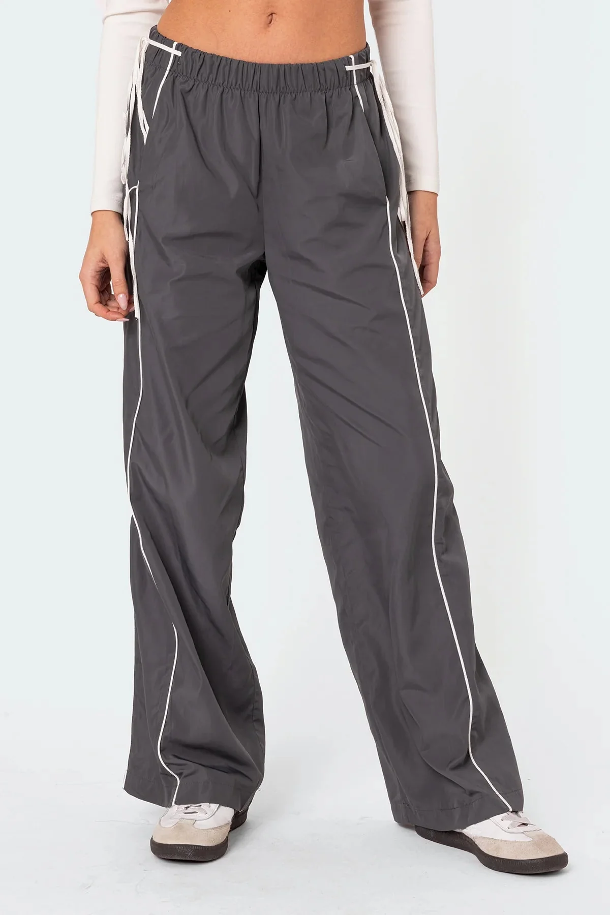 Dark Gray Ribbon Track Pants Womens Elastic Waistband