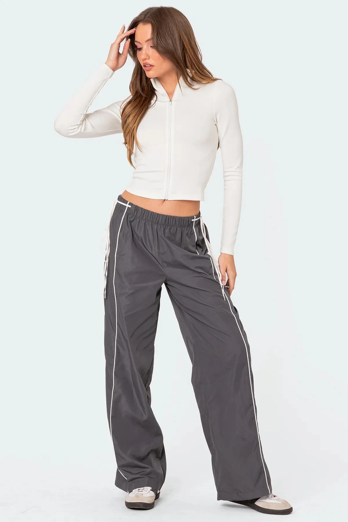 Dark Gray Ribbon Track Pants Womens Elastic Waistband